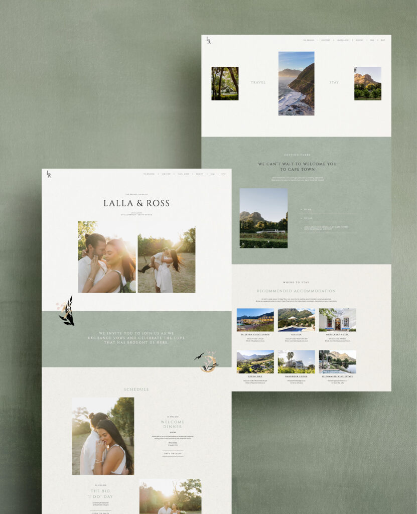 Sage green wedding website design with couple photos, venue and travel information