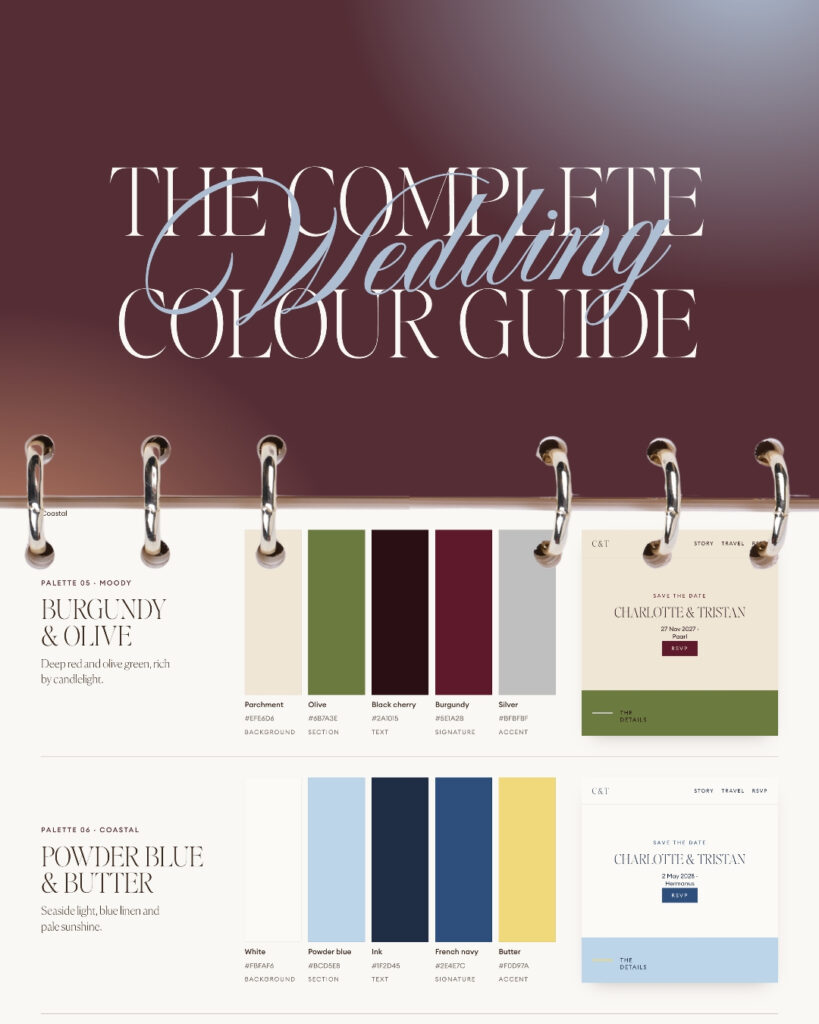 The Complete Wedding Colour Guide by Sulit Design Studio, cover and Burgundy & Olive palette