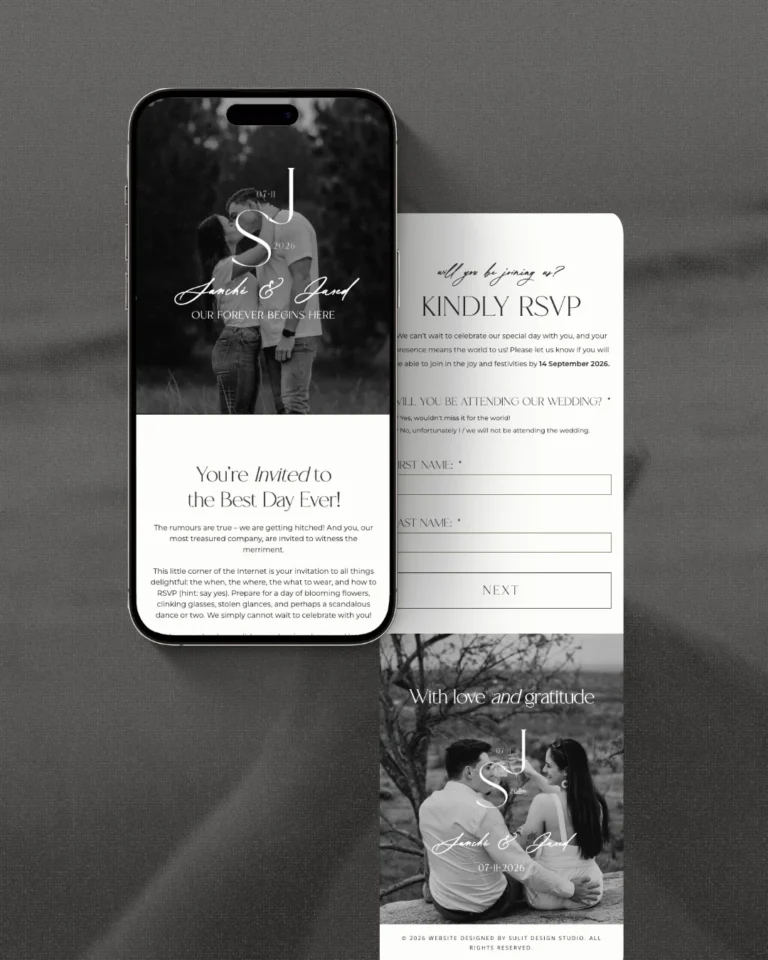 Black-and-white wedding website design on phone and desktop