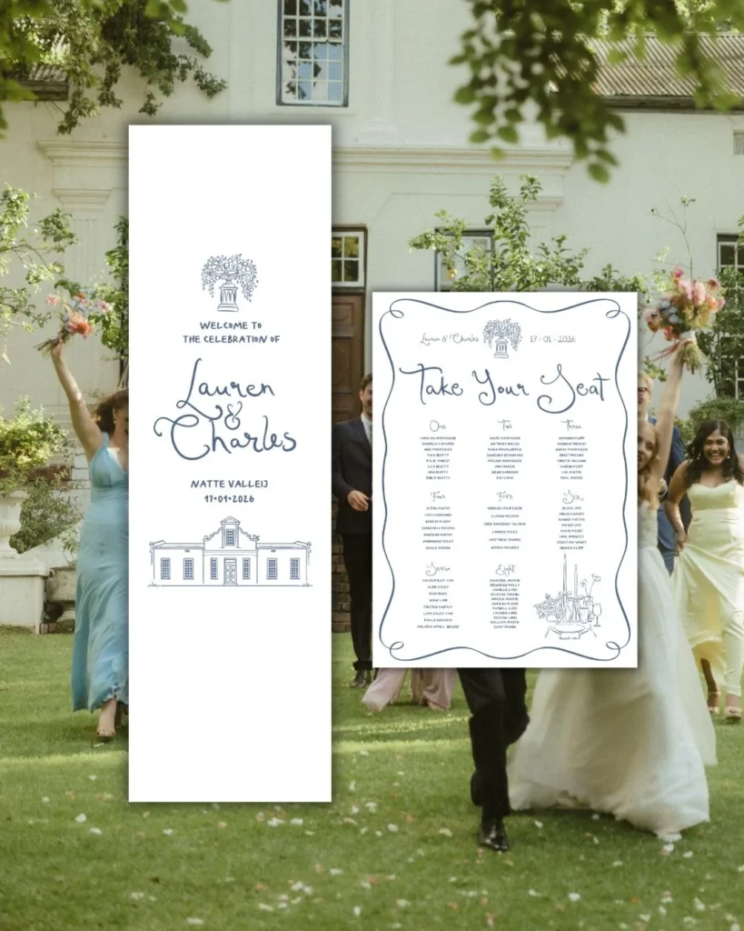 Wedding welcome sign and seating chart at an outdoor celebration