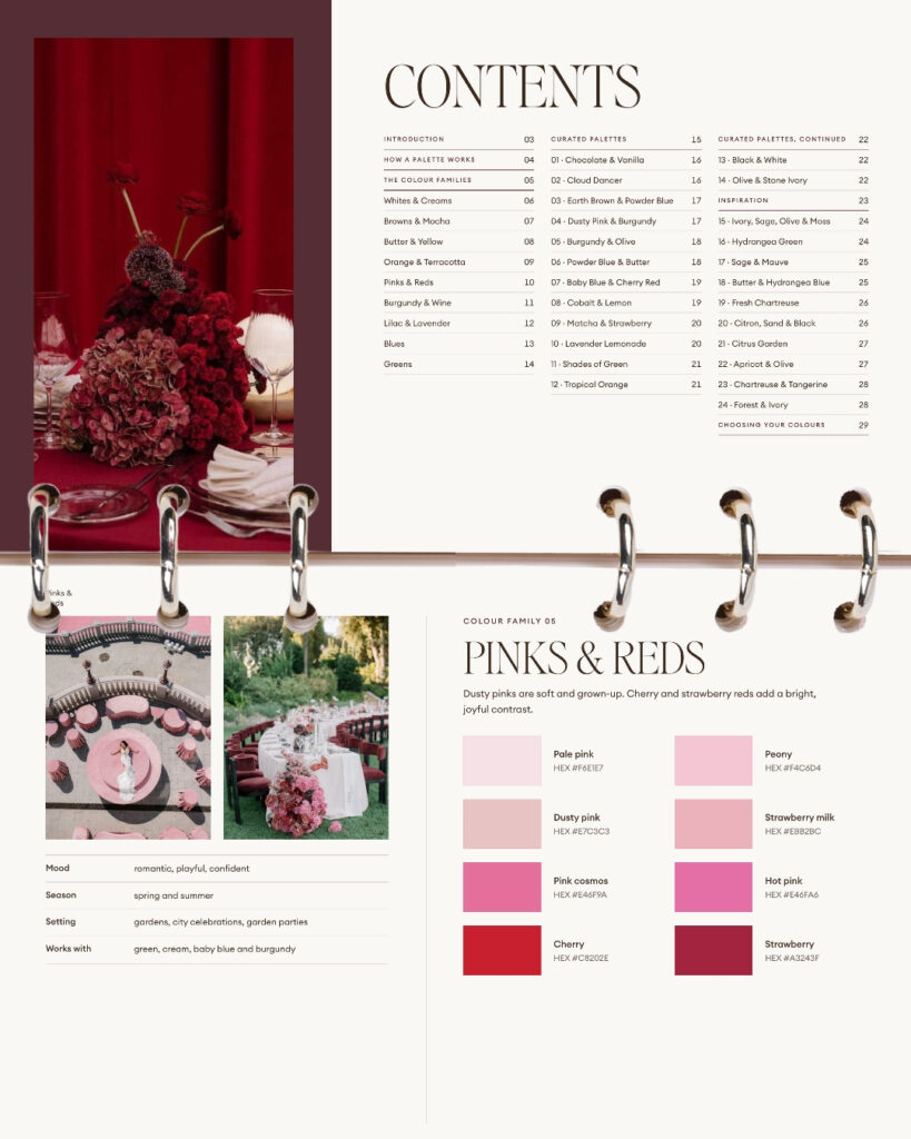 Contents and Pinks & Reds pages from the Sulit wedding colour guide