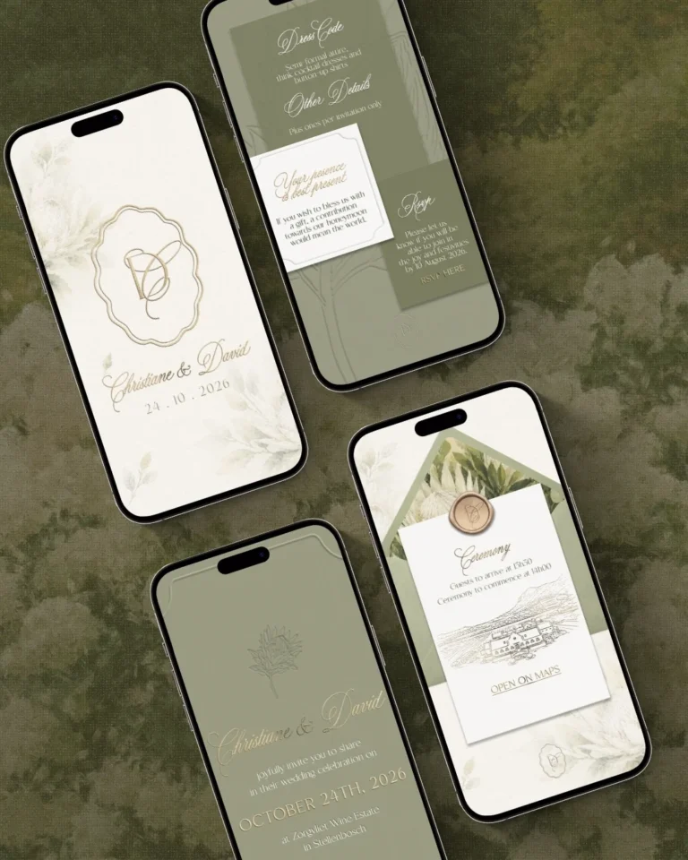 Sage green digital wedding invitation and wedding website on three phones