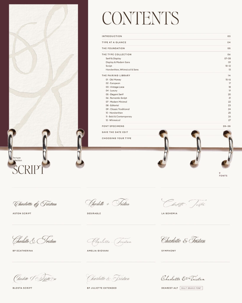 Contents and script font pages from the Sulit wedding typography guide