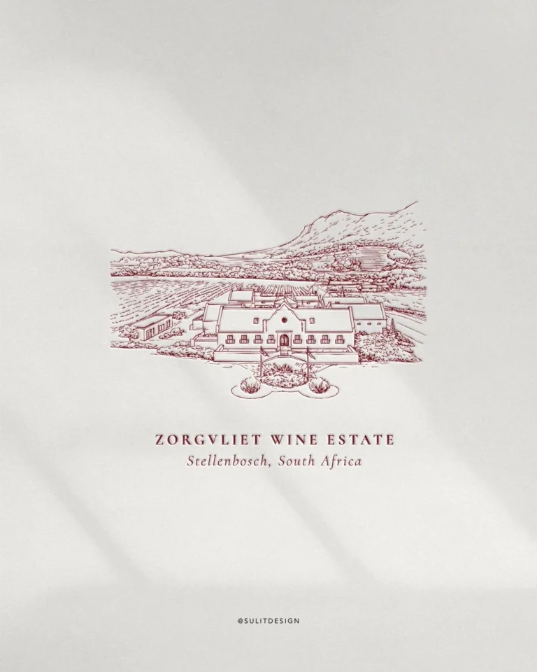 Illustrated wine estate wedding crest in burgundy