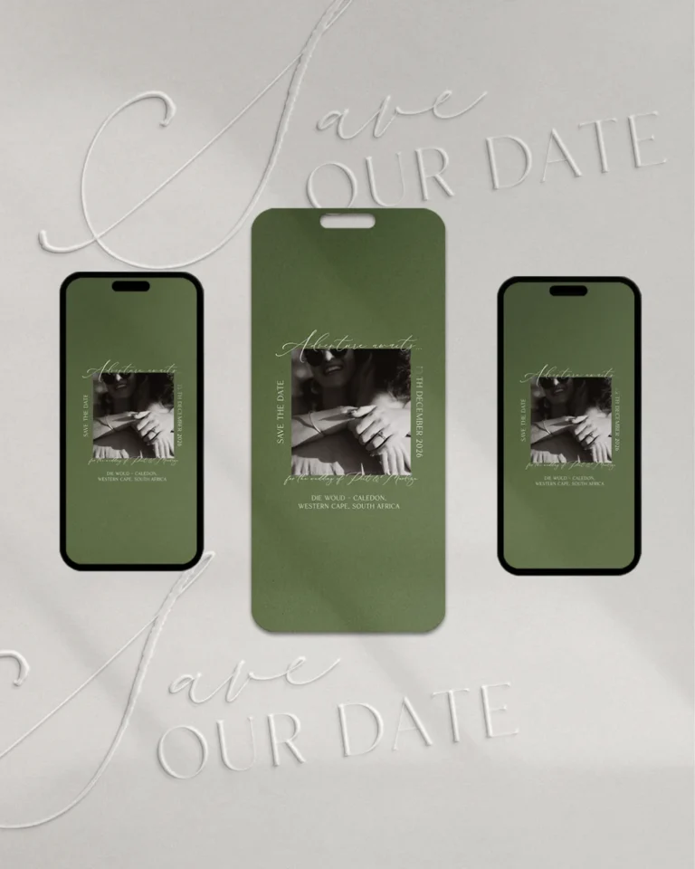 Three phones showing a sage green wedding website design