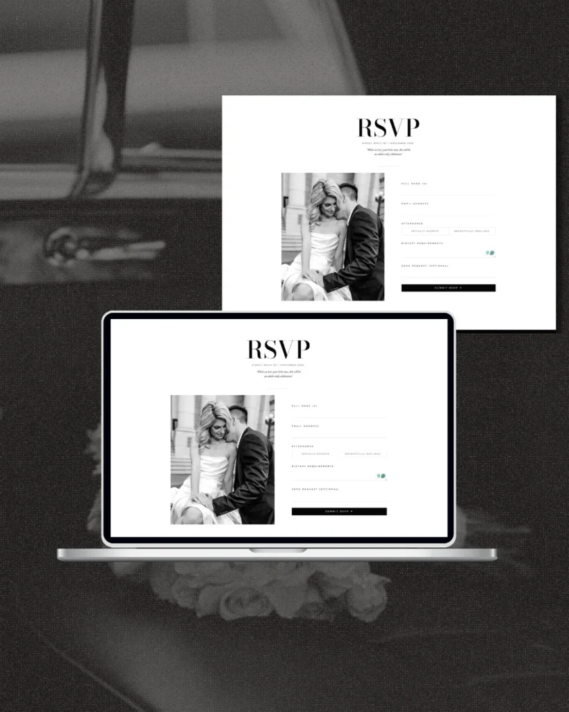 Online wedding RSVP page shown on a laptop and tablet