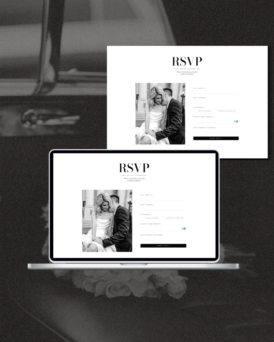 Online wedding RSVP page shown on a laptop and tablet