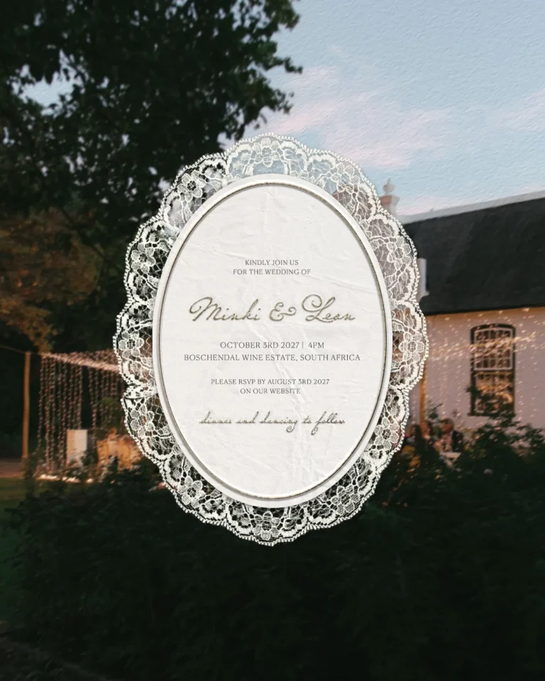 Oval lace-frame wedding sign with the couple’s names at an evening venue