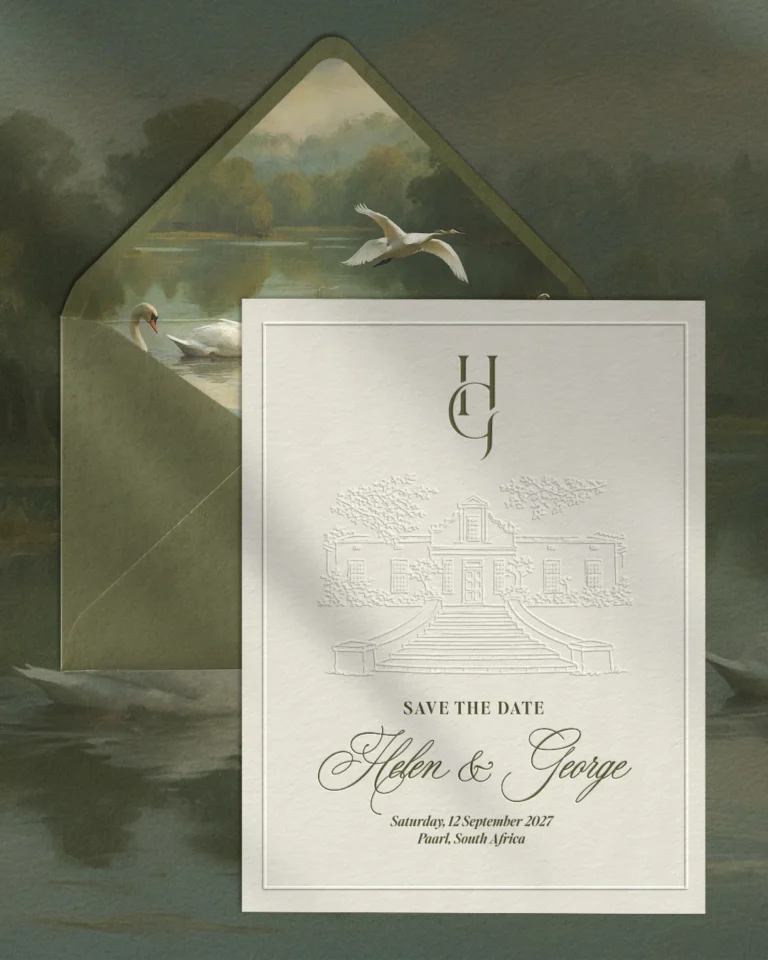 Green wedding invitation and envelope with hand-lettered names