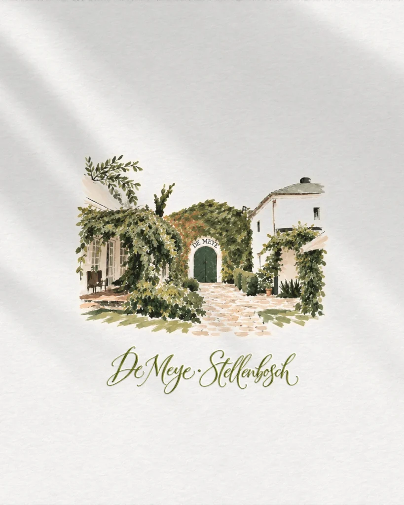 Watercolour illustration of a vine-covered wedding venue with a hand-lettered name on ivory paper