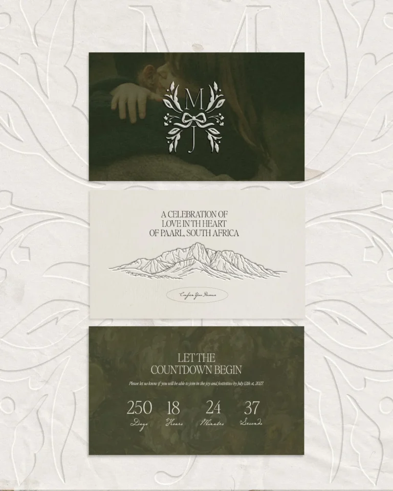 Green and ivory wedding stationery suite with crest and countdown details
