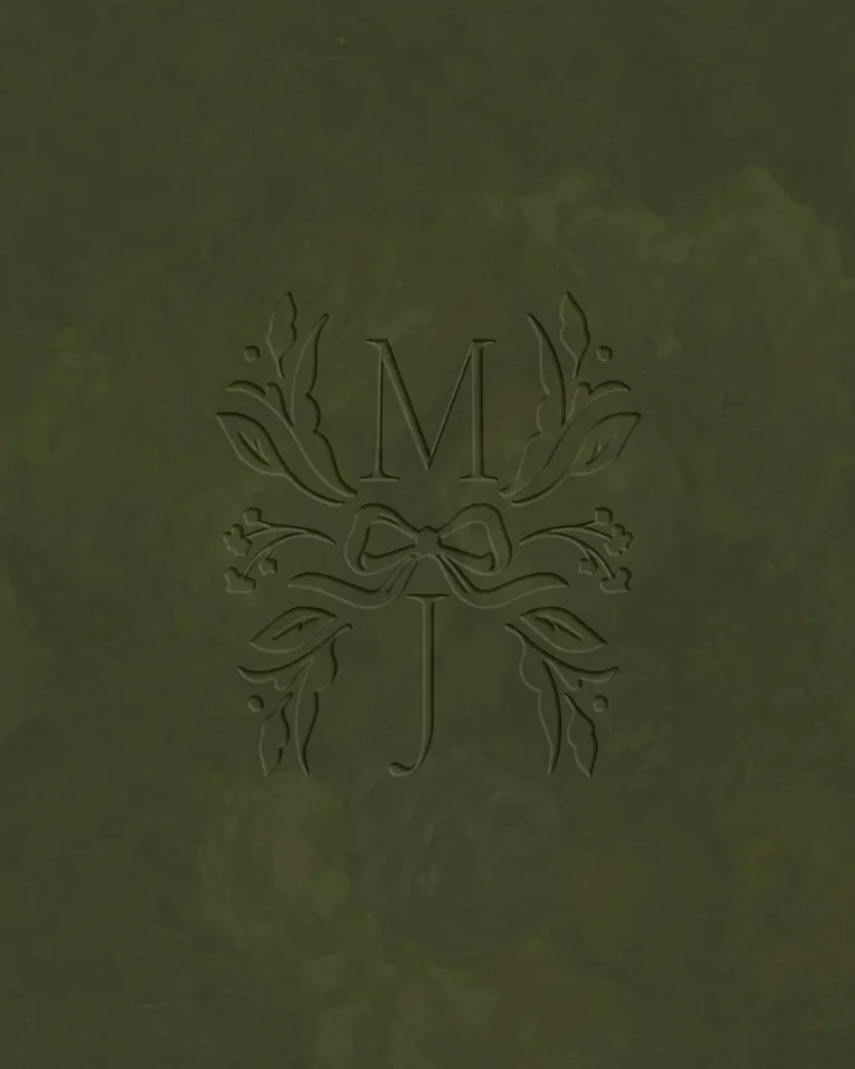 Embossed custom wedding monogram on olive green
