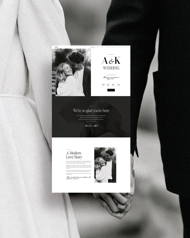 Tokara wedding website page shown over a black-and-white couple photograph