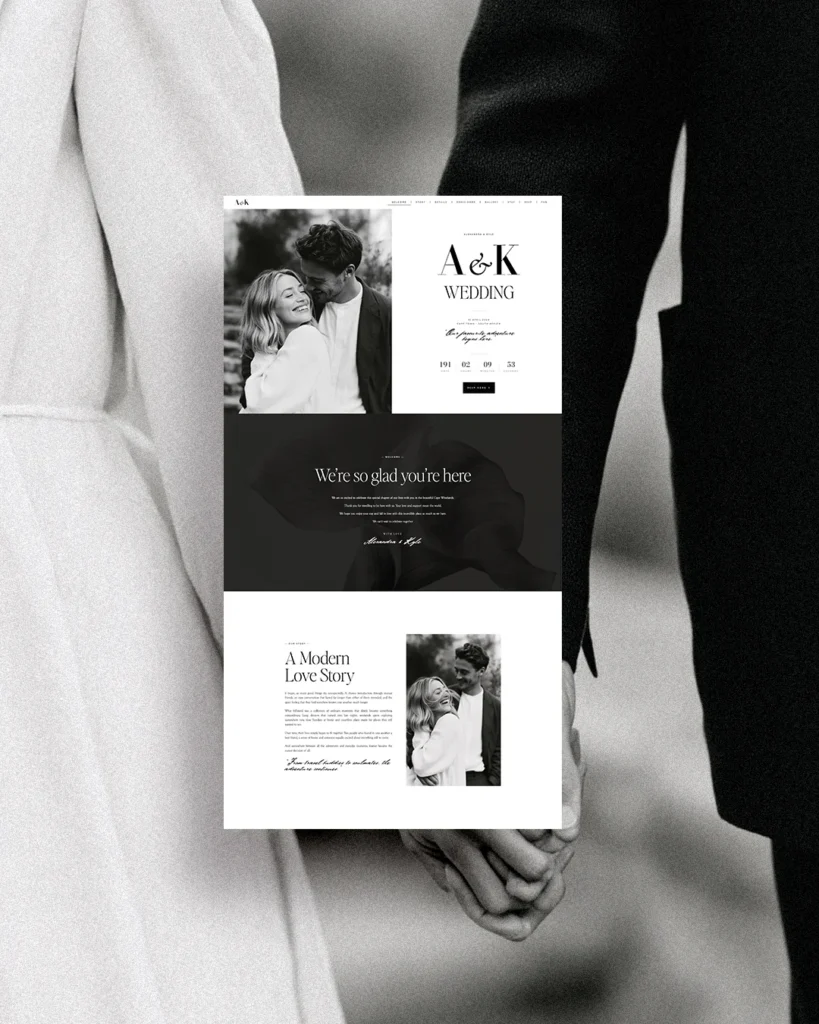 Tokara wedding website page shown over a black-and-white couple photograph