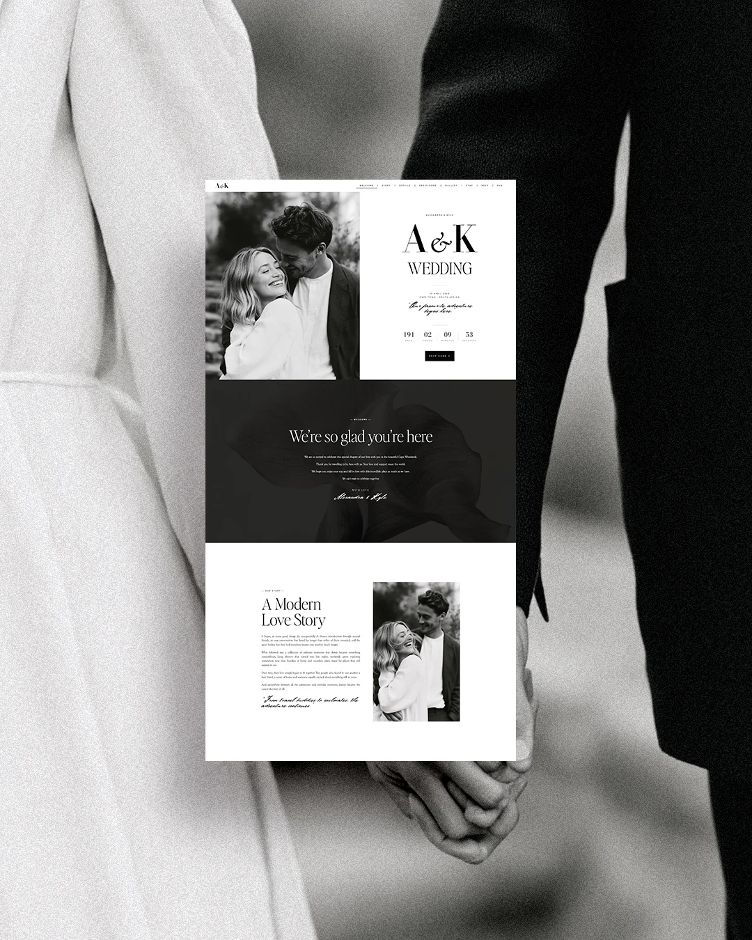 Wedding website page shown over a black-and-white couple photograph