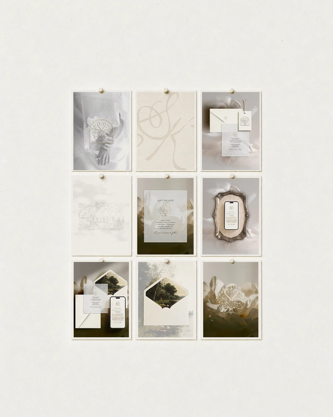Ivory and sage wedding stationery and website prints pinned to a wall
