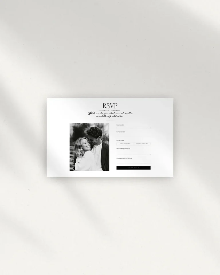 Wedding website RSVP section with a black-and-white couple photograph on white