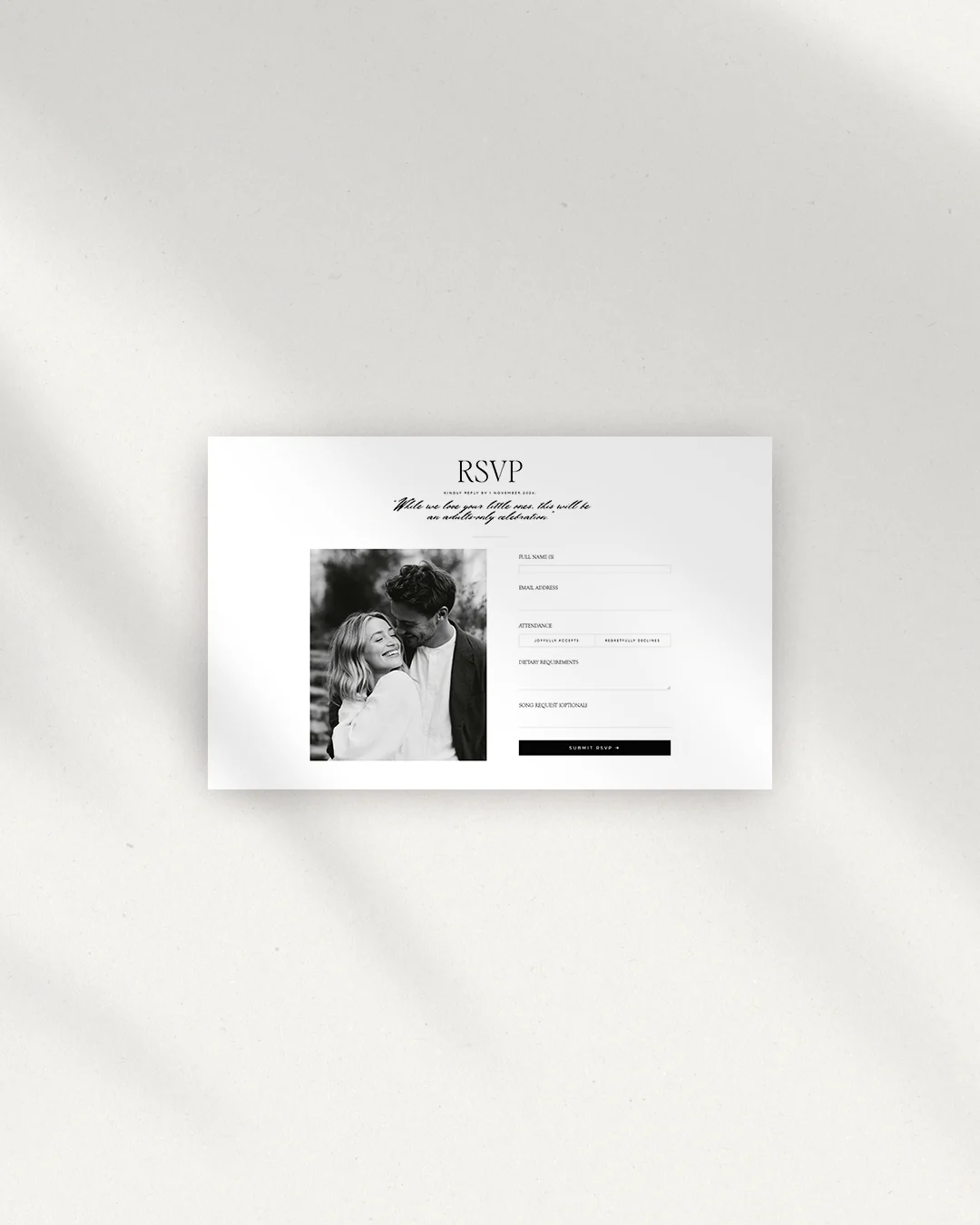 Wedding website RSVP section with a black-and-white couple photograph on white