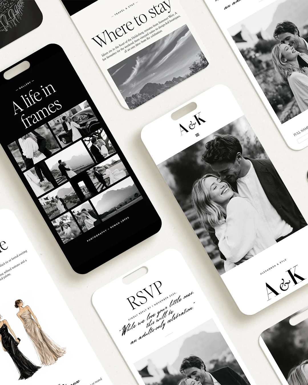Tokara wedding website on several phones: gallery, where to stay and RSVP