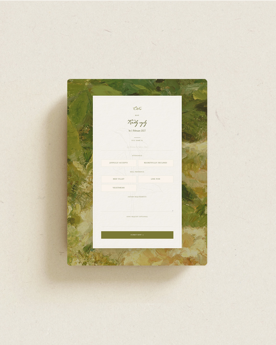 Live RSVP form on the Charlotte & Tristan wedding website, with attendance and meal choices