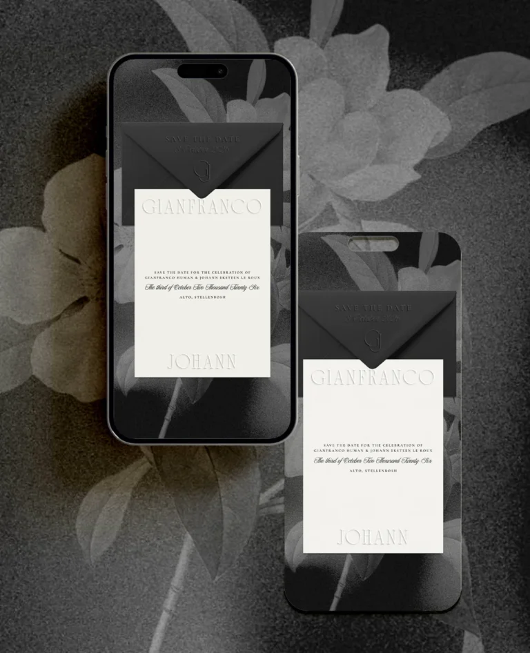 Digital wedding invitation shown on two phones, designed by Sulit Design Studio