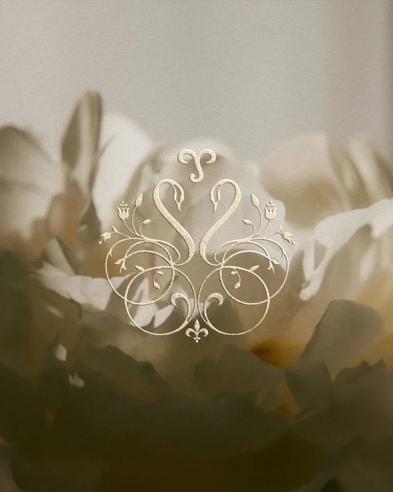 Gold swan monogram illustration over a softly blurred ivory peony