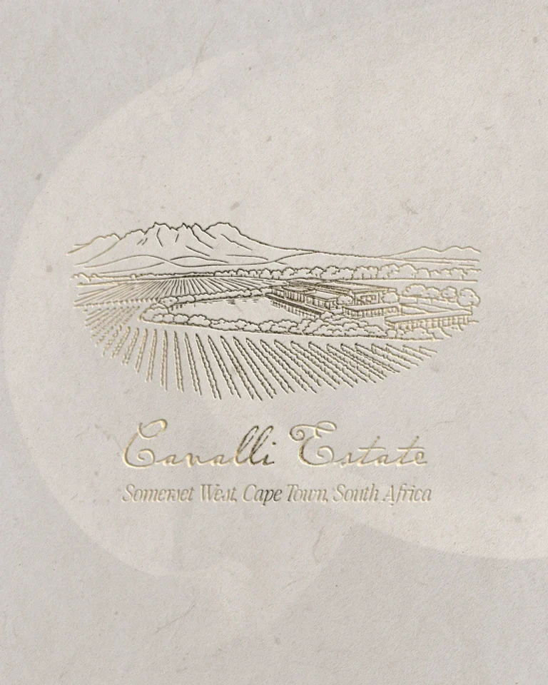 Gold-foil wine estate illustration from a wedding stationery suite
