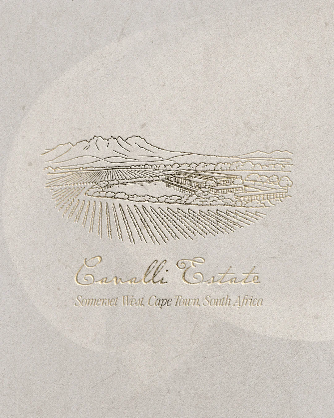 Gold-foil wine estate illustration from a wedding stationery suite