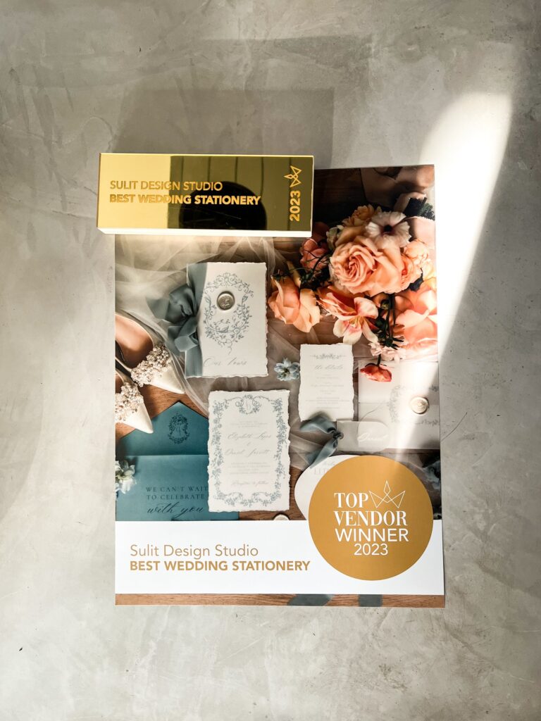 TopVendor 2023 Best Wedding Stationery trophy and award print for Sulit Design Studio