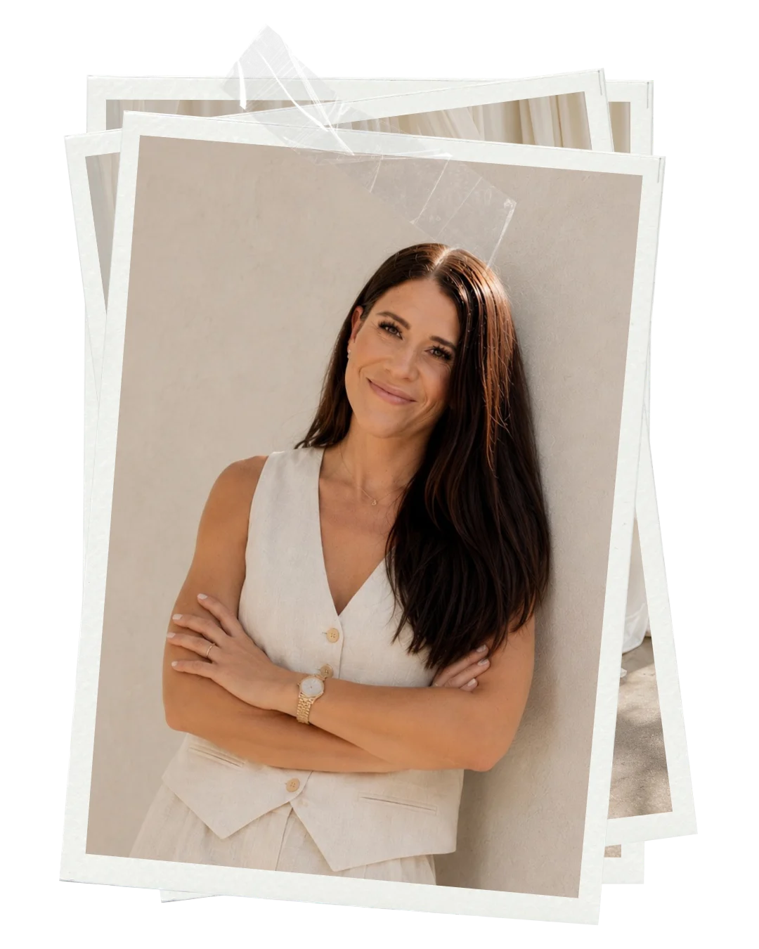 Elaine Mouton, founder and designer of Sulit Design Studio, in a linen waistcoat against a warm wall